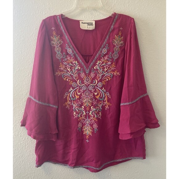 Savanna Jane Tops - Savanna Jane Tunic Top Women's Small Magenta Embroidered Bell Sleeve Boho